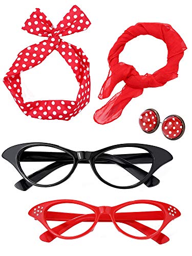 SATINIOR 6 Pack 50s Women Costume Accessories Set Halloween Party Costumes for Women1950s Scarf Headband Earrings Bandana Tie Cat Eye Glasses(Red, Black) - Image 1