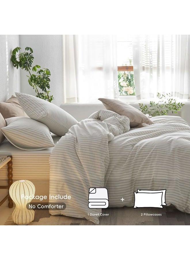 MooMee Bedding Duvet Cover Set Striped 100% Washed Cotton Linen Like Textured Breathable Durable Soft Comfy(White Sage Green Wide Stripes, Full 80"x90") - Image 2