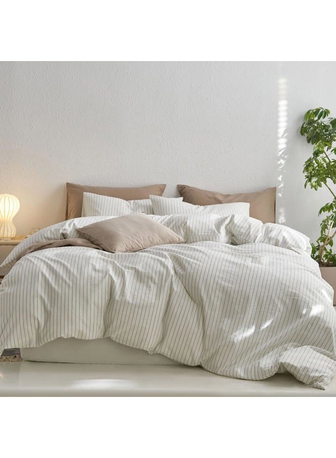 MooMee Bedding Duvet Cover Set Striped 100% Washed Cotton Linen Like Textured Breathable Durable Soft Comfy(White Sage Green Wide Stripes, Full 80"x90") - Image 1