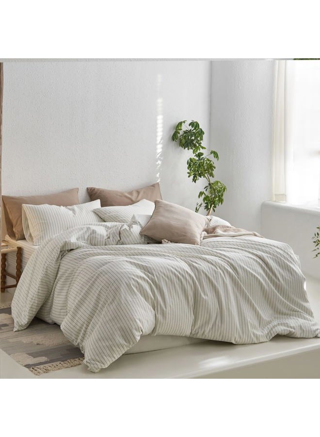 MooMee Bedding Duvet Cover Set Striped 100% Washed Cotton Linen Like Textured Breathable Durable Soft Comfy(White Sage Green Wide Stripes, Full 80"x90") - Image 3