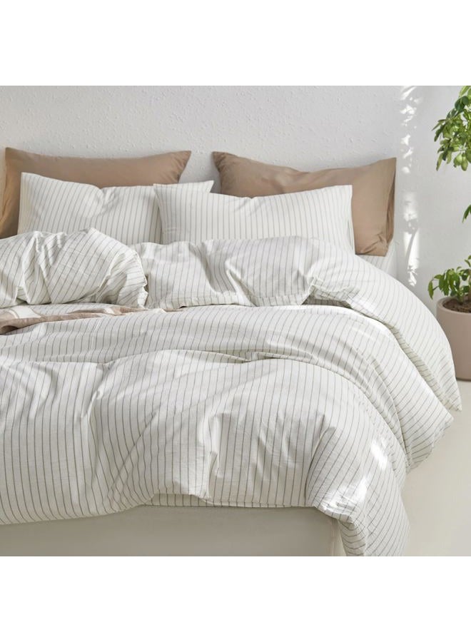 MooMee Bedding Duvet Cover Set Striped 100% Washed Cotton Linen Like Textured Breathable Durable Soft Comfy(White Sage Green Wide Stripes, Full 80"x90") - Image 5