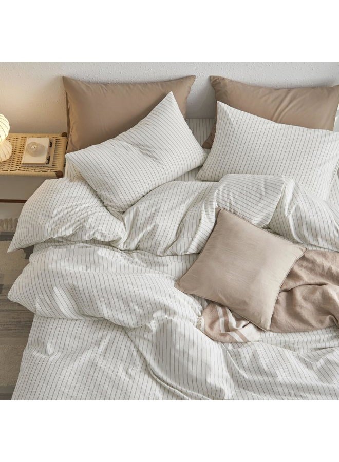 MooMee Bedding Duvet Cover Set Striped 100% Washed Cotton Linen Like Textured Breathable Durable Soft Comfy(White Sage Green Wide Stripes, Full 80"x90") - Image 4
