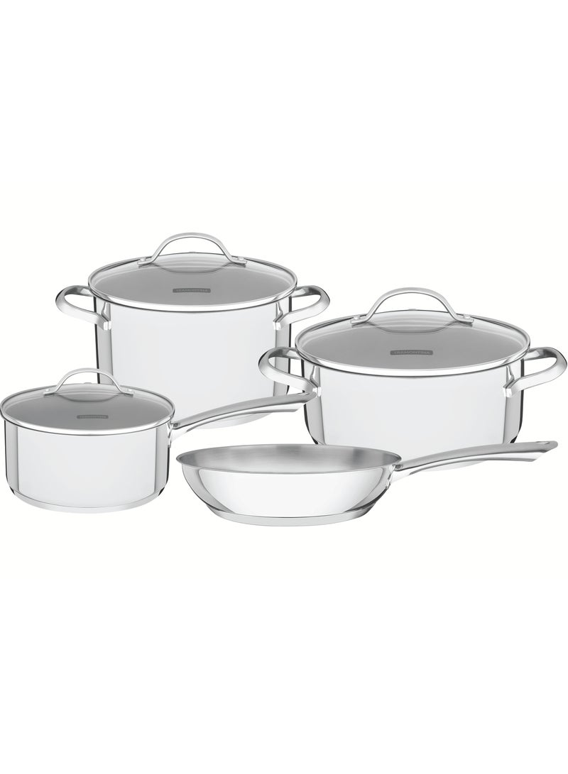 TRAMONTINA Since 1911,Made in Brazil-  Tramontina, Una Cookware Set, Stainless Steel, 7-Piece Set, Premium Quality, Mirror Finish, Tri-Ply Base, Even Heat Distribution, Faster Cooking, Energy Efficiency, Food Warmth, Tight-Fitting Glass Lids, Steam Vent, Dishwasher Safe, Culinary Pleasure, Elegant Kitchen, Captivating Design, Convenient Cooking, Unmatched Aroma, Flavorful Dishes, Guaranteed Satisfaction - Image 1