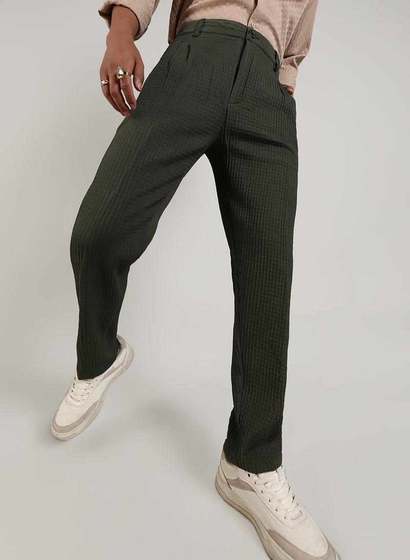 Campus Sutra Campus Sutra Men's Forest Green Textured Graph Check Trousers For Casual Wear | Tailored Fit | Mid-Rise | Button Closure | Trousers Crafted With Comfort Fit For Everyday Wear - Image 1