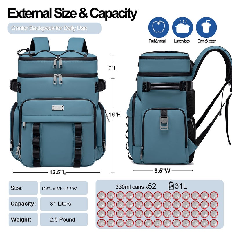 Weitars Insulated Cooler Backpack,Double Deck Waterproof Soft Cooler Bag,Backpack Coolers Leak Proof Lunch Backpack for Men Women for Travel,Camping,Picnic,Beach,Picnic,Outdoor 31L/52 Can (Blue) - Image 5