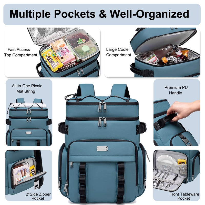 Weitars Insulated Cooler Backpack,Double Deck Waterproof Soft Cooler Bag,Backpack Coolers Leak Proof Lunch Backpack for Men Women for Travel,Camping,Picnic,Beach,Picnic,Outdoor 31L/52 Can (Blue) - Image 2