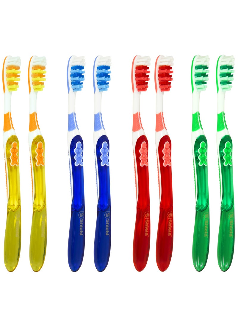 Shield Care فرشاة أسنان شيلد كير ديوال برو مع شعيرات متعددة المستويات، مقبض مضاد للانزلاق (رعاية خبراء - شعيرات متوسطة) للبالغين - أصفر، أحمر، أزرق، أخضر - 8 قطع (عبوة من 1) - Image 1