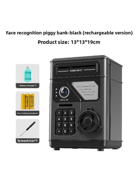 Children's Face Recognition Piggy Bank Automatic Induction Roll Money ATM Large Capacity Password Unlock Piggy Bank Toy-Color:Face Recognition Piggy Bank-black (rechargeable Version)