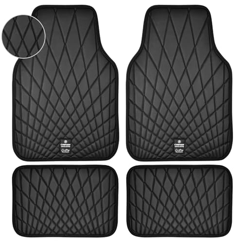 CAR PASS Faux Leather Floor Mats for Cars Luxury Waterproof All Weather Car Mats Full Set AntiSlip Deluxe Automotive Mats Universal Fit for Most SUVVansSedansTrucks 4 Piece All Black - Image 1