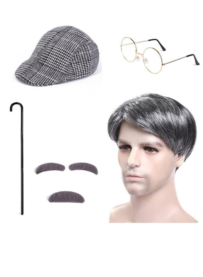 زي رجل مسن للأطفال، 6 قطع زي رجل مسن، باروكة رجل مسن، مع قبعة مسطحة، نظارات، عكاز لعبة وملصقات شوارب للحواجب، للاحتفال باليوم المئة في المدرسة، تنكر الجد - Image 1