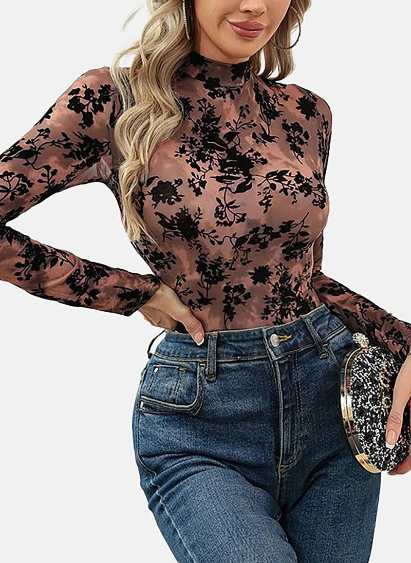 YUNIQEE Brown Printed High Neck Bodysuit