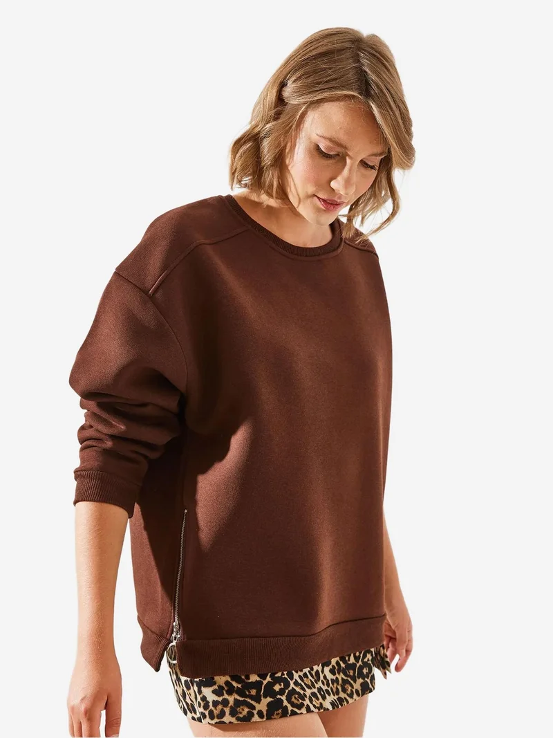 بيانكو لوتشي LUCCI Crew Neck Zipper Detailed Sweatshirt