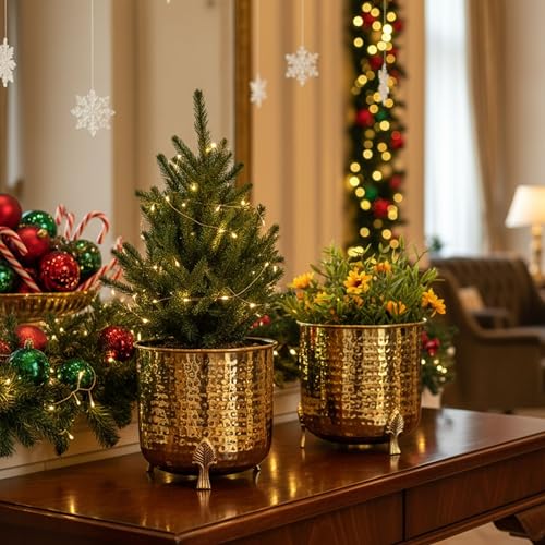 BEHOMA Hammered Gold Metal Planter for Home Decor | Decoratives for Indoor Outdoor Balcony Living Room | Size Height- 6" x Dia. 6" inch | Golden (Plant not Included) (Set of 2) - Image 2