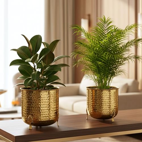 BEHOMA Hammered Gold Metal Planter for Home Decor | Decoratives for Indoor Outdoor Balcony Living Room | Size Height- 6" x Dia. 6" inch | Golden (Plant not Included) (Set of 2) - Image 4