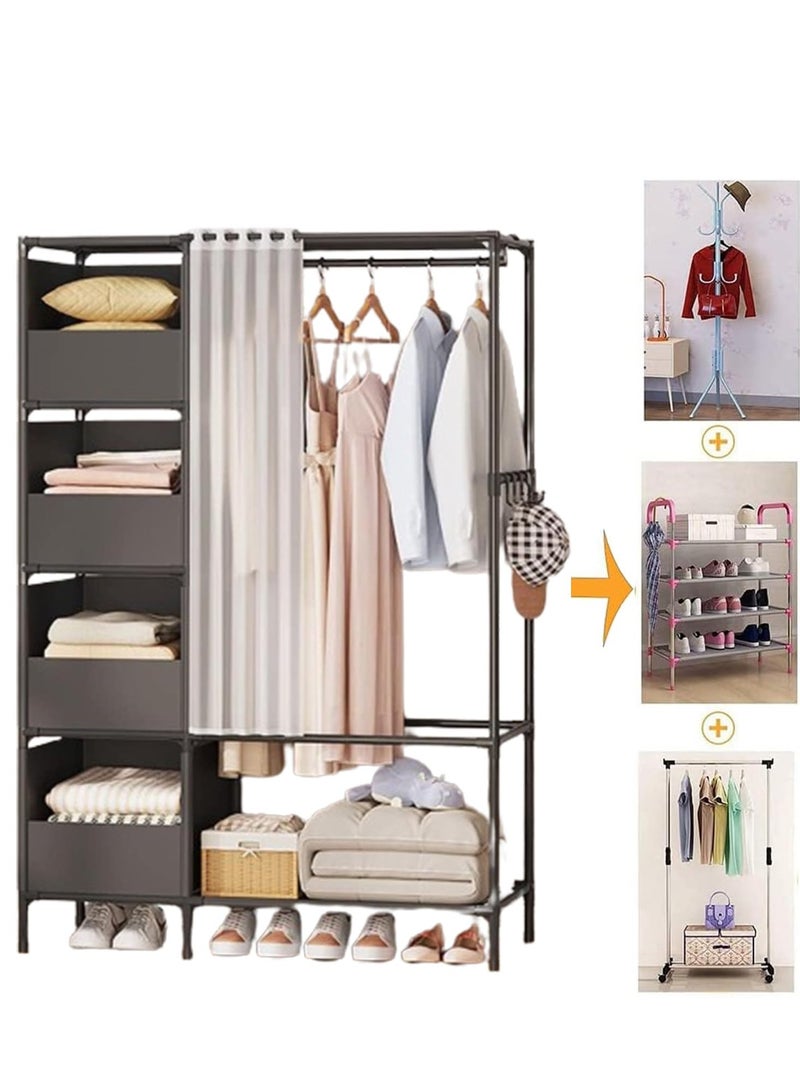 Portable Wardrobe Storage Closet, Clothes Storage Cabinet with Curtain, Clothes Rack Clothes Hanging Shelving for Living Room, Bedroom, Clothes Room, Black
