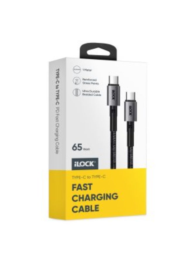 1-meter Type-C to Type-C charging cable supporting 65W fast charging. Durable construction with a twisted braided finish and reinforced stress points.