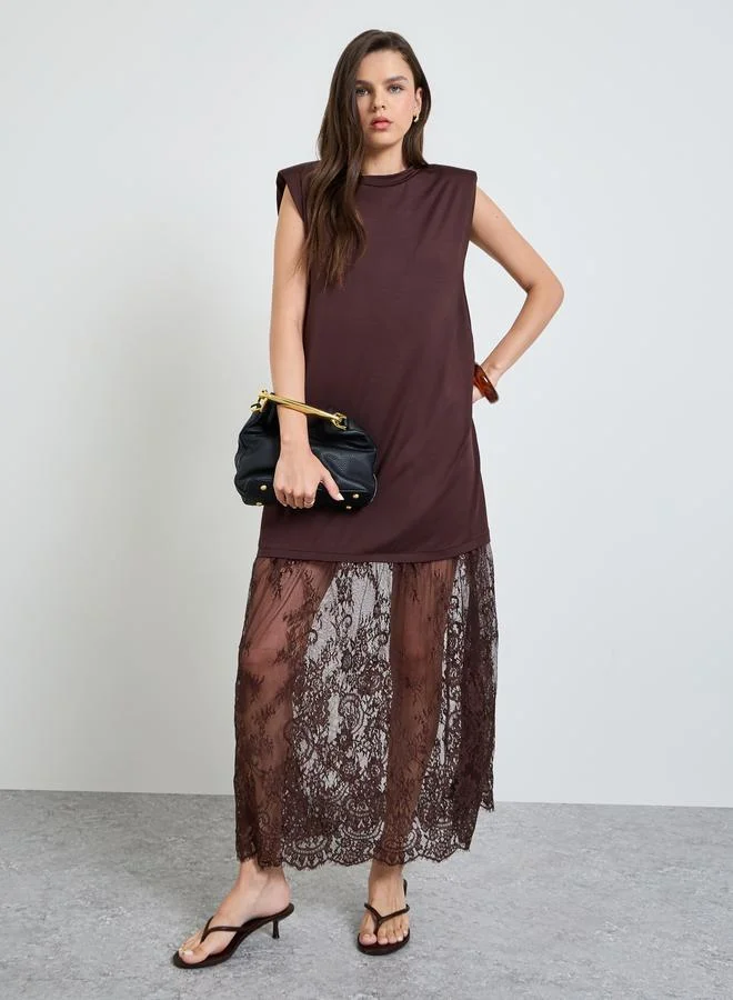 Take Two Coffee Brown Sleeveless Shift Maxi Dress with Lace Hem