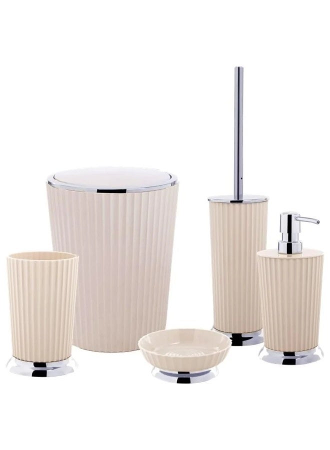 Primanova Bathroom Accessory Set 5-Piece Acrylic with Chrome Finish – Waste Bin 5 Liter, Toilet Brush, Soap Dispenser, Tumbler & Soap Dish (Beige) - Image 1
