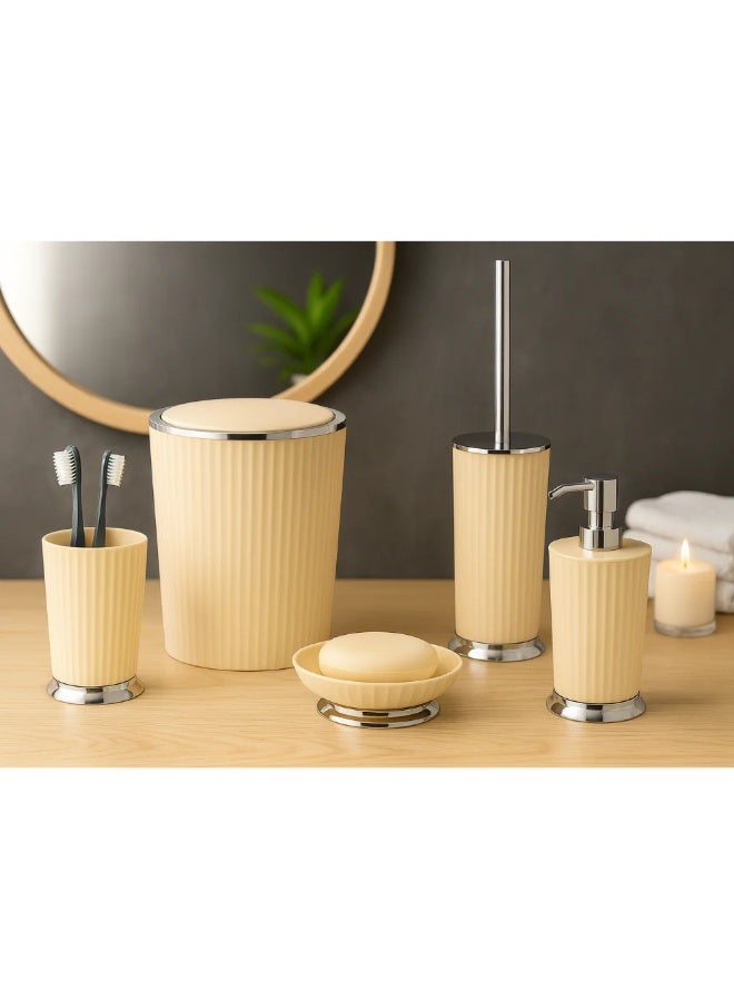 Primanova Bathroom Accessory Set 5-Piece Acrylic with Chrome Finish – Waste Bin 5 Liter, Toilet Brush, Soap Dispenser, Tumbler & Soap Dish (Beige) - Image 3