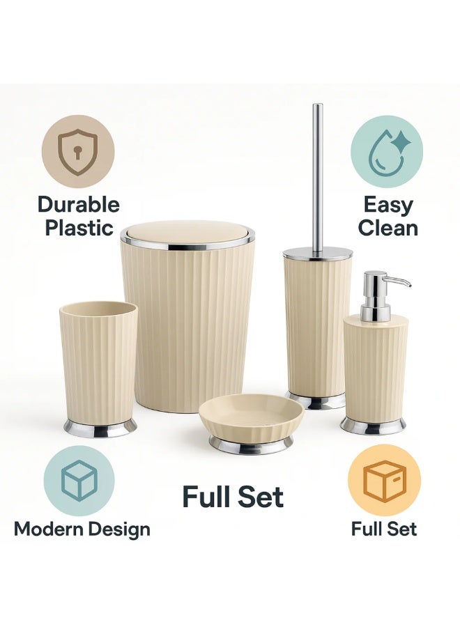 Primanova Bathroom Accessory Set 5-Piece Acrylic with Chrome Finish – Waste Bin 5 Liter, Toilet Brush, Soap Dispenser, Tumbler & Soap Dish (Beige) - Image 4