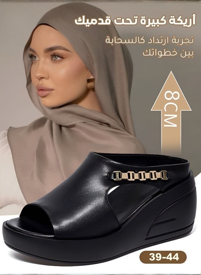 صنادل إسفنجية للنساء صندل نسائي بكعب 8 سم، حذاء سليبر أنيق بتفصيل سلسلة معدنية ونعل مطاطي خفيف ومريح - Image 3