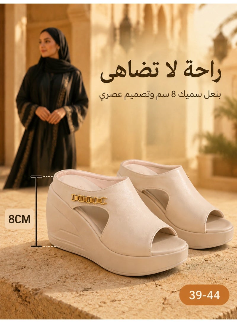 صنادل إسفنجية للنساء صندل نسائي بكعب 8 سم، حذاء سليبر أنيق بتفصيل سلسلة معدنية ونعل مطاطي خفيف ومريح - Image 1