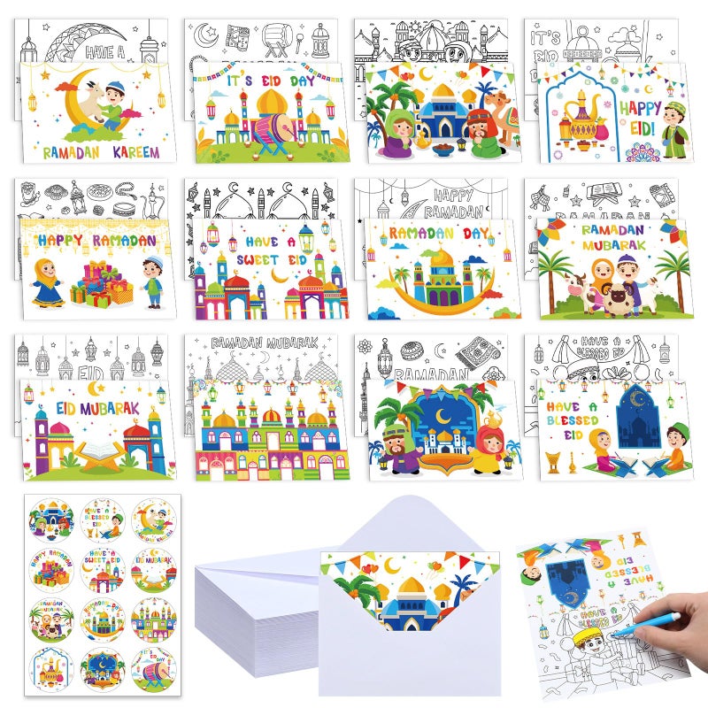 Kolldenn 36 Sets Ramadan Mubarak Coloring Greeting Cards with Stickers Envelopes Color Your Own Eid Mubarak Postcards Ramadan Kareem Paper Crafts - Image 1