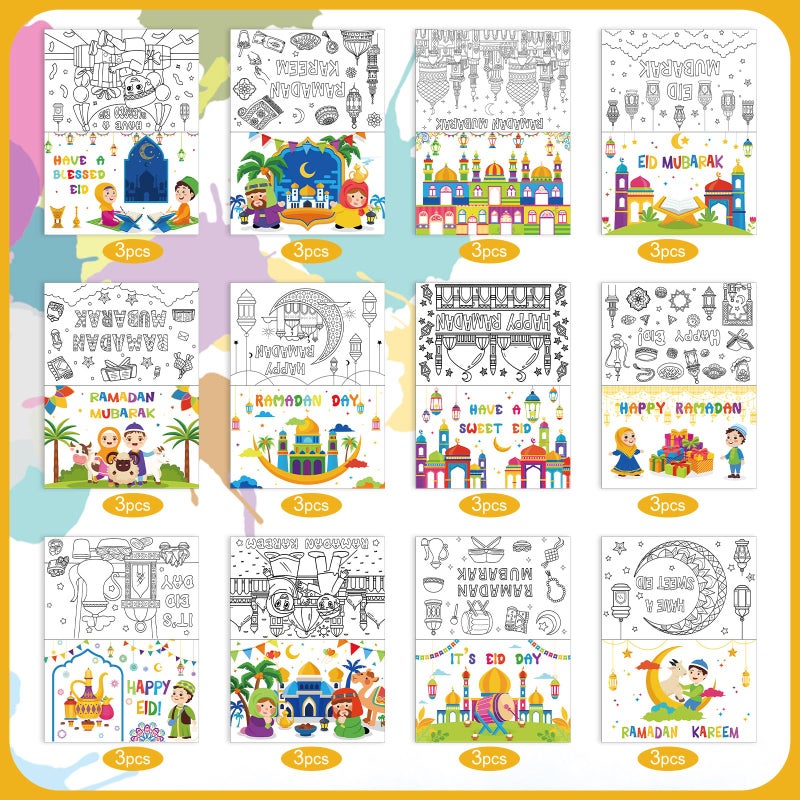 Kolldenn 36 Sets Ramadan Mubarak Coloring Greeting Cards with Stickers Envelopes Color Your Own Eid Mubarak Postcards Ramadan Kareem Paper Crafts - Image 3