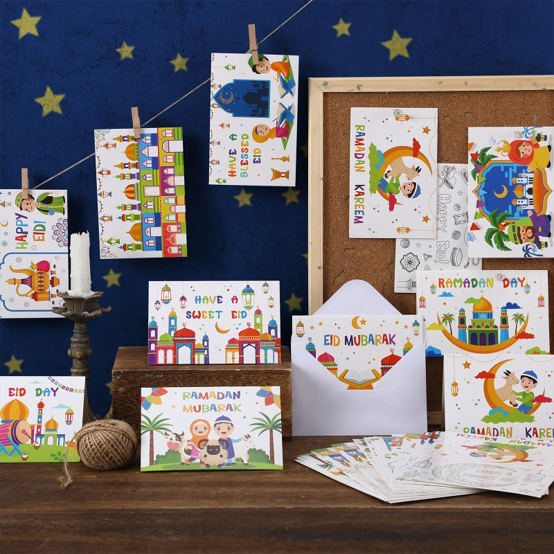 Kolldenn 36 Sets Ramadan Mubarak Coloring Greeting Cards with Stickers Envelopes Color Your Own Eid Mubarak Postcards Ramadan Kareem Paper Crafts - Image 5