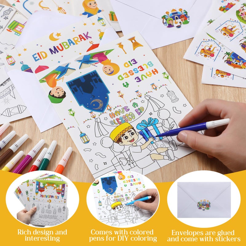 Kolldenn 36 Sets Ramadan Mubarak Coloring Greeting Cards with Stickers Envelopes Color Your Own Eid Mubarak Postcards Ramadan Kareem Paper Crafts - Image 4