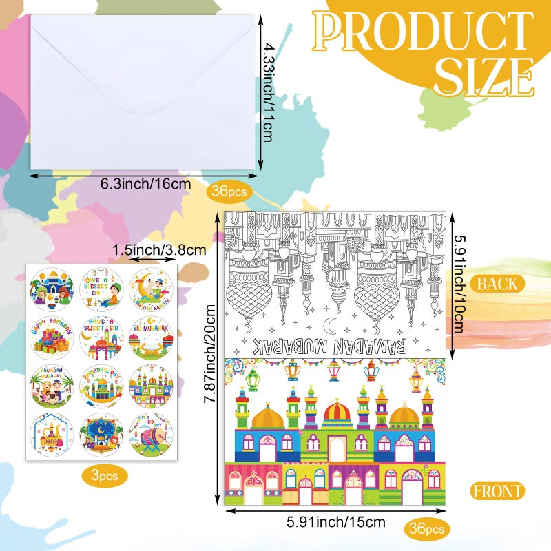 Kolldenn 36 Sets Ramadan Mubarak Coloring Greeting Cards with Stickers Envelopes Color Your Own Eid Mubarak Postcards Ramadan Kareem Paper Crafts - Image 2