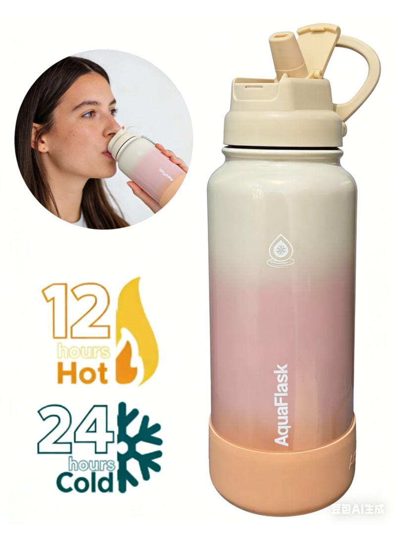 أكوافلاسك زجاجة مياه معزولة بتفريغ الهواء من أكوافلاسك بنكهة حلوى غزل البنات، سعة 1.18 لتر (40 أونصة)، بلون بودنغ الكراميل - Image 1