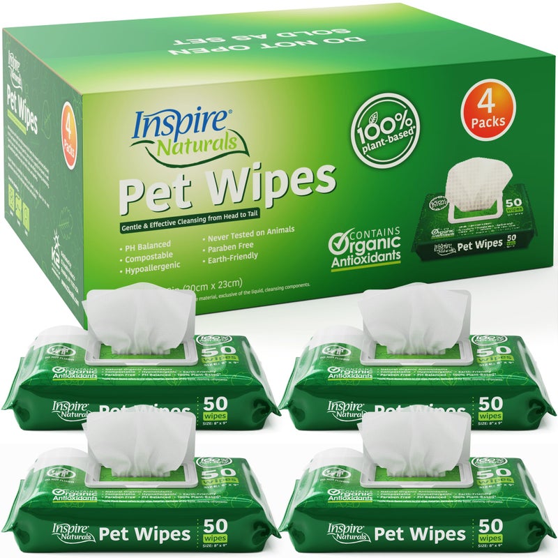 Inspire Naturals Pet Wipes for Dogs and Cats 100% Natural Plant Based with Organic Antioxidants, Dog Wipe Cleaning Deodorizing | Cat Wipes | Puppy Wipes | Dog Wipes for Paws and Butt (200ct - 4 Pack) - Image 1