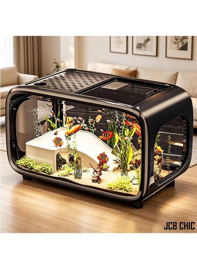 JCB CHIC Large Transparent Aquarium Tank with Ramp，High-View Clear Fish Tank with Feeding Hole & Easy-Open Lid，Complete Habitat for Small Fish & Turtles, Ideal for Home & Office Decor - Image 1