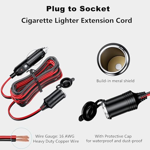 KEWIG 12/24V Car Cigarette Lighter Extension Cord - 20FT Cigarette Lighter Plug Cable- 16AWG Heavy Duty Extension Cable with 15A Fuse and LED Indicator - Image 4