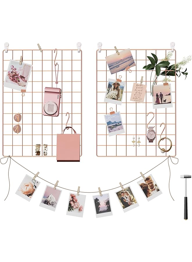 The Bros شبكة حائط للصور، لوحة شبكة حائط معدنية، عرض صور معلق سلكي، مجموعة من 2، مع خطاف S، مشبك، حبل قنب، 16.5 × 12.2 بوصة، ذهب وردي ULPP01DR - Image 1