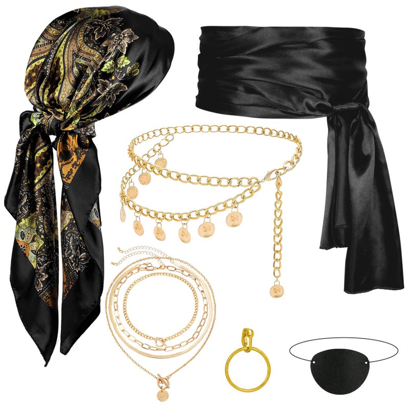 Cosrea إكسسوارات القراصنة للنساء - زي قبطان القراصنة للنساء مع وشاح رأس، حزام سلسلة، عقد، رقعة عين، زي حفلة - Image 1
