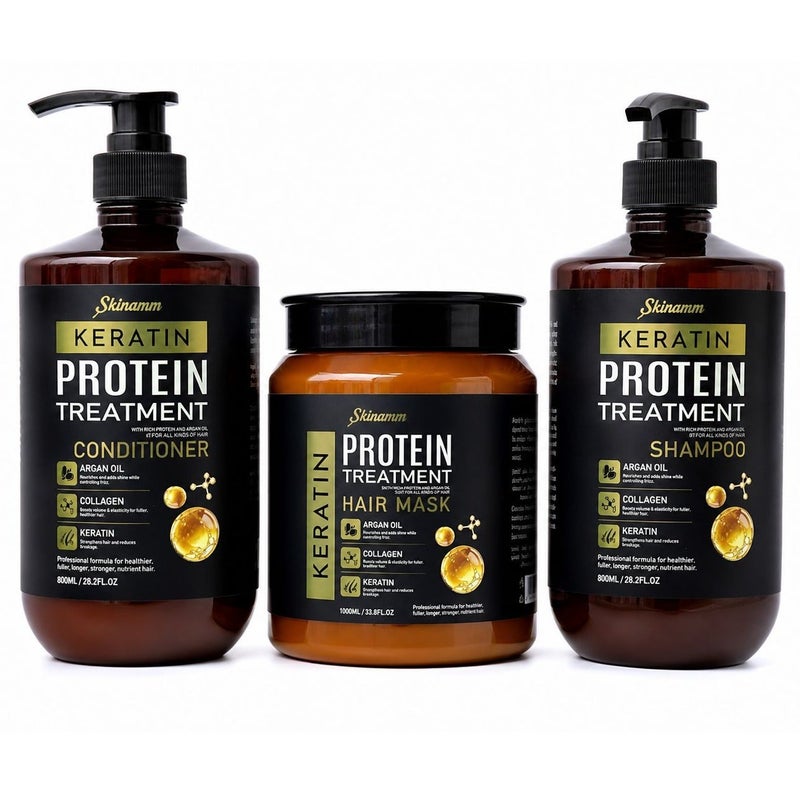 Skinamm Keratin Protein Treatment Shampoo Argan Oil, Collagen 800Ml & Moisturizing Protein Brazilian Conditoner 800ml & Protein Brazilian Hair Mask 1000 ml Bundle - Image 1
