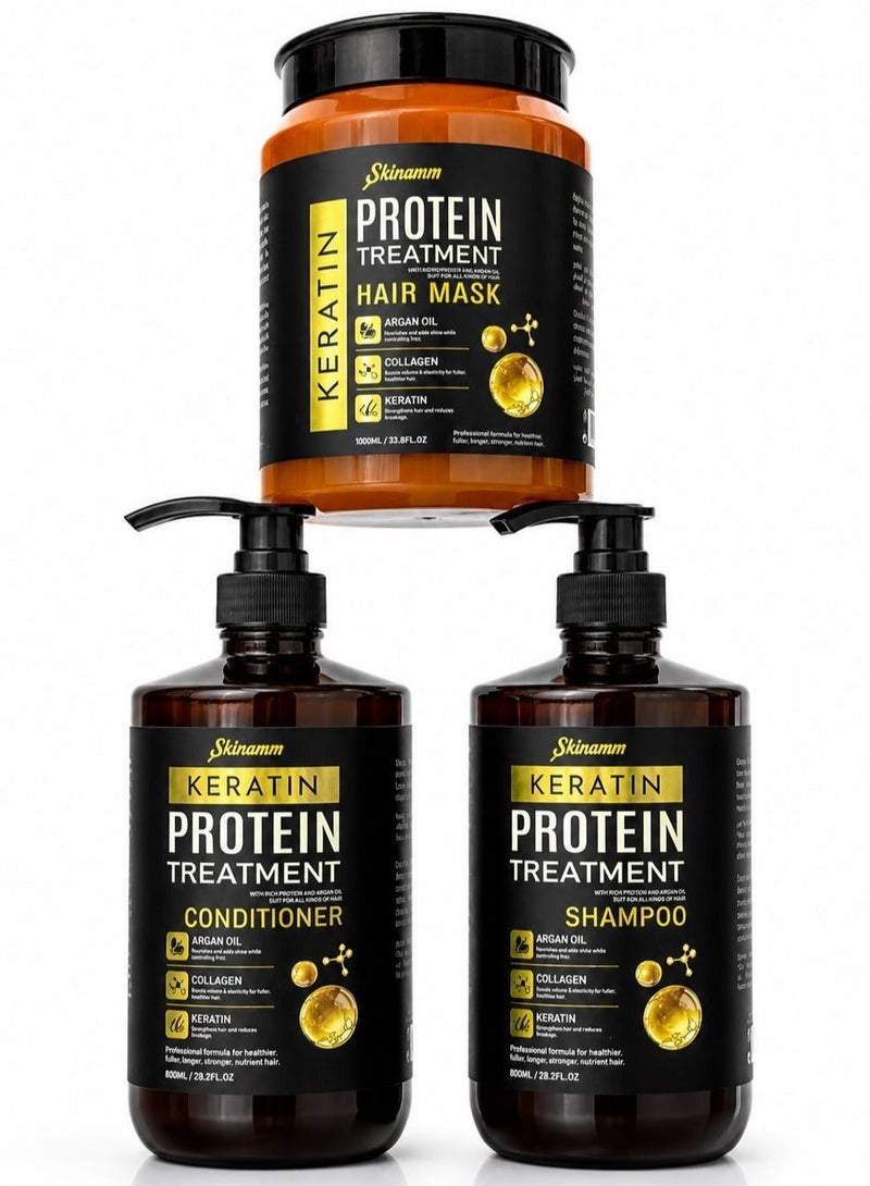 Skinamm Keratin Protein Treatment Shampoo Argan Oil, Collagen 800Ml & Moisturizing Protein Brazilian Conditoner 800ml & Protein Brazilian Hair Mask 1000 ml Bundle - Image 5