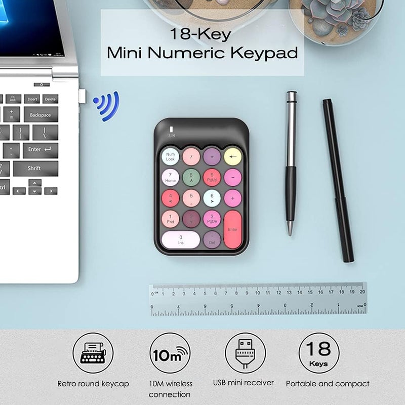 FELICON Wireless Numeric Keypad 18 Keys with 2.4G Mini Portable Silent Number Pad USB Receiver Financial Accounting Keyboard Extensions for Laptop Desktop PC Pro（Black Mix） - Image 2