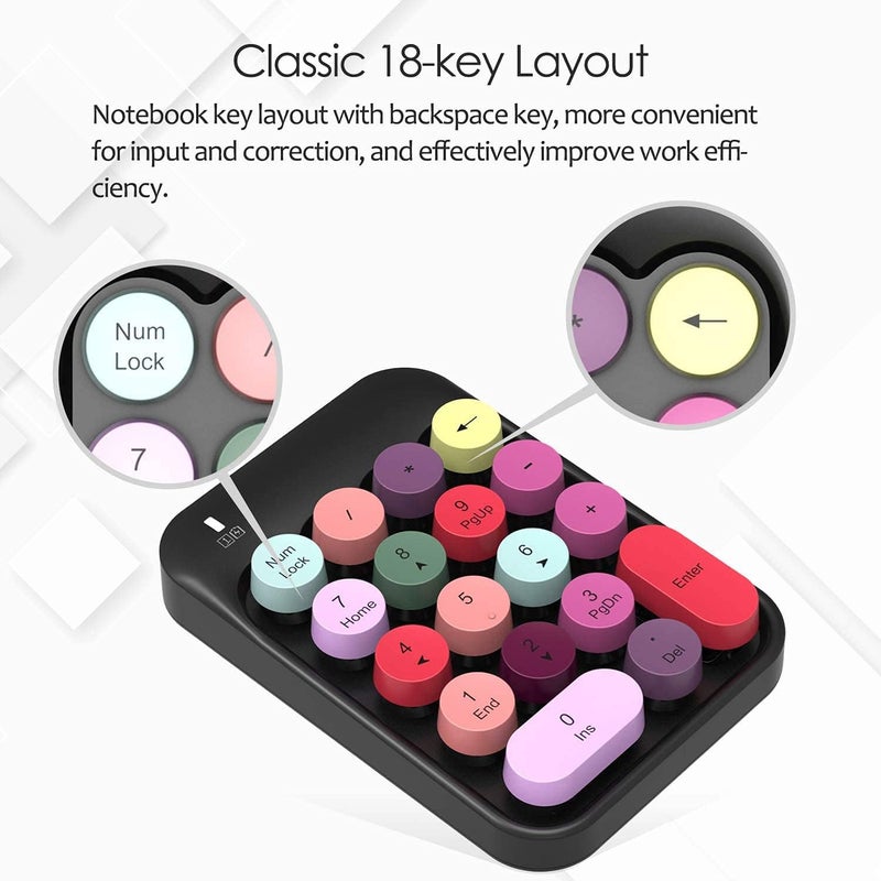 FELICON Wireless Numeric Keypad 18 Keys with 2.4G Mini Portable Silent Number Pad USB Receiver Financial Accounting Keyboard Extensions for Laptop Desktop PC Pro（Black Mix） - Image 3