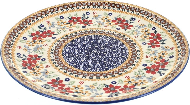 Blue Rose Pottery طبق عشاء كبير من الفخار البولندي مزين بالورود الزرقاء والزهور الحمراء - Image 1