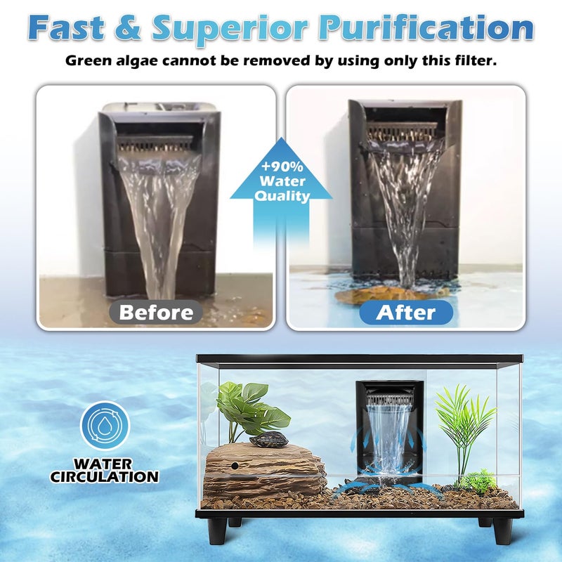 TARARIUM 222GPH 10W Turtle Tank Filter Aquarium Filter Power Adjustable 10-40 Gal. Small Internal Filter 3-Stage Waterfall Bio-Filtration Quiet Low Water Level for Freshwater Saltwater Fish Tank Easy to Clean - Image 3