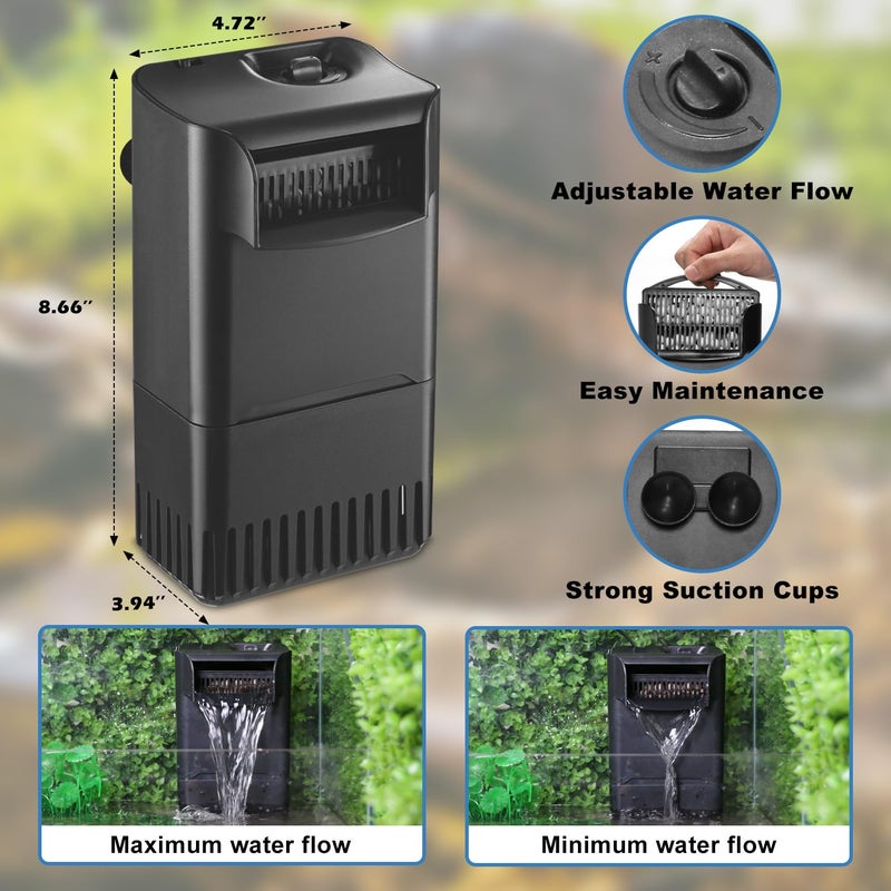 TARARIUM 222GPH 10W Turtle Tank Filter Aquarium Filter Power Adjustable 10-40 Gal. Small Internal Filter 3-Stage Waterfall Bio-Filtration Quiet Low Water Level for Freshwater Saltwater Fish Tank Easy to Clean - Image 4