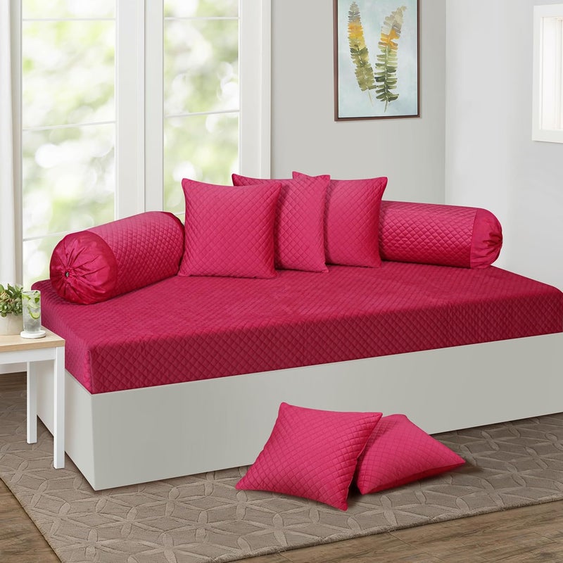 KINGLY Velvet Diwan Cover Set in BakerMiller Pink Luxury Quilted Diwan Cover with Cushion and Bolster Covers for Home Dcor - Image 1