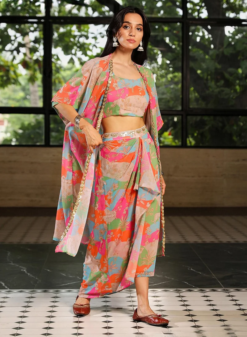 QISSA Qissa Women's Strawberry Pink & Tangerine Orange Bohemian Romance Co-Ord Set For Casual Wear | Scoop Neck | Sleeveless | 3 Piece Co-Ords Designed With Comfort Fit For Everyday Ethnic Wear