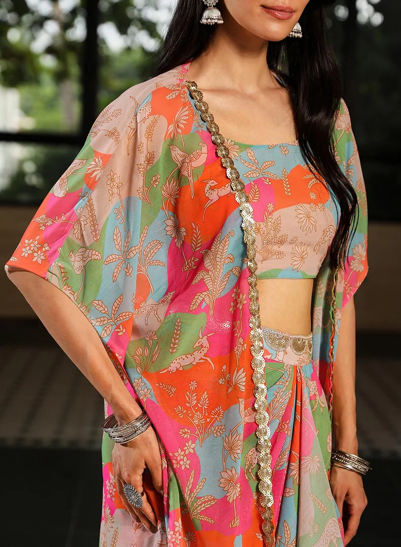 QISSA Qissa Women's Strawberry Pink & Tangerine Orange Bohemian Romance Co-Ord Set For Casual Wear | Scoop Neck | Sleeveless | 3 Piece Co-Ords Designed With Comfort Fit For Everyday Ethnic Wear
