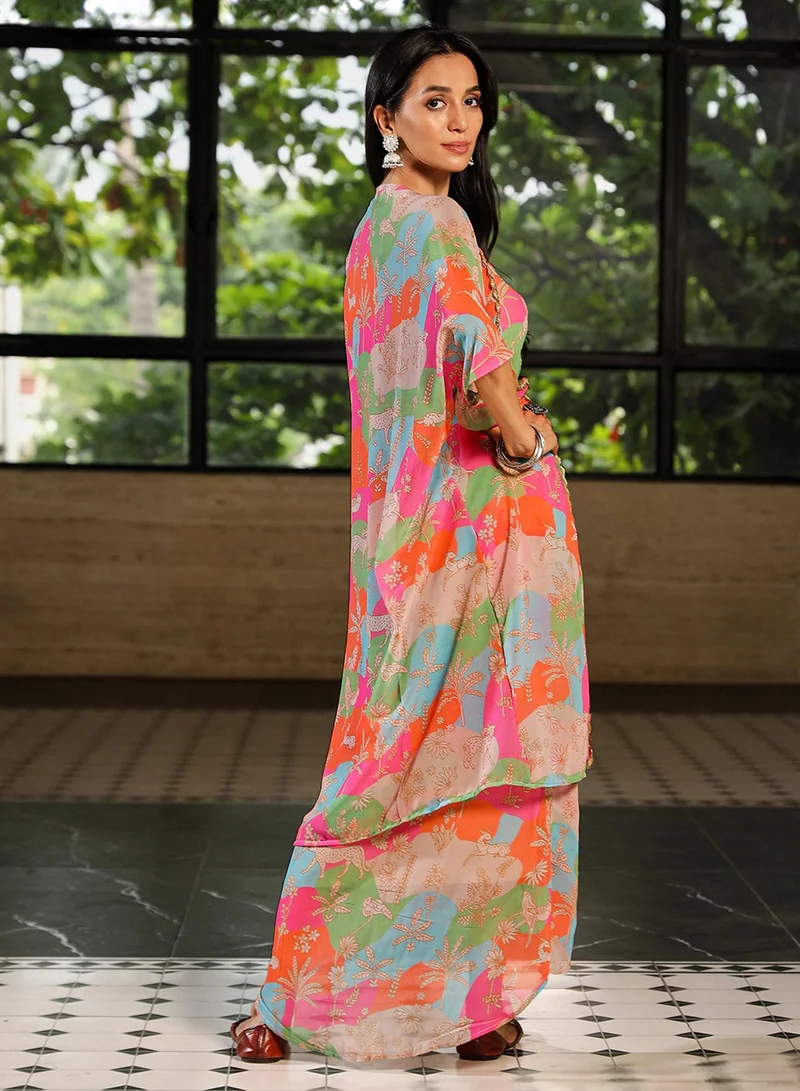 QISSA Qissa Women's Strawberry Pink & Tangerine Orange Bohemian Romance Co-Ord Set For Casual Wear | Scoop Neck | Sleeveless | 3 Piece Co-Ords Designed With Comfort Fit For Everyday Ethnic Wear