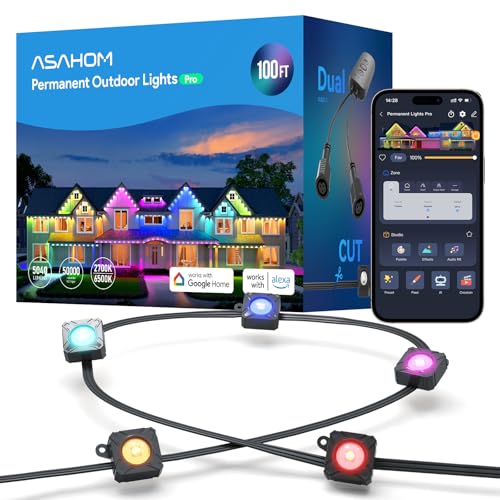 ASAHOM Permanent Outdoor Lights Pro S108B, 100FT with 72 RGBCW LED Lights, 70lm White, WLED Integrated, AI Lighting, 30000 Dynamic Effect, IP67 Waterproof for Holiday Decor and Daily Lighting, Black - Image 1