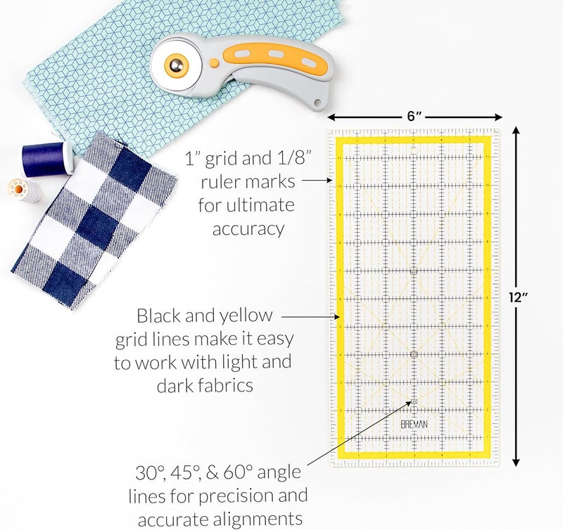 Breman Precision Quilting Rulers – 6x12 Inch Clear Acrylic Rulers for Quilting and Sewing – Laser-Cut Edge, Easy-Read Grid Lines, Angled Markers – Fabric Guide for Left & Right-Handed Users - Image 3